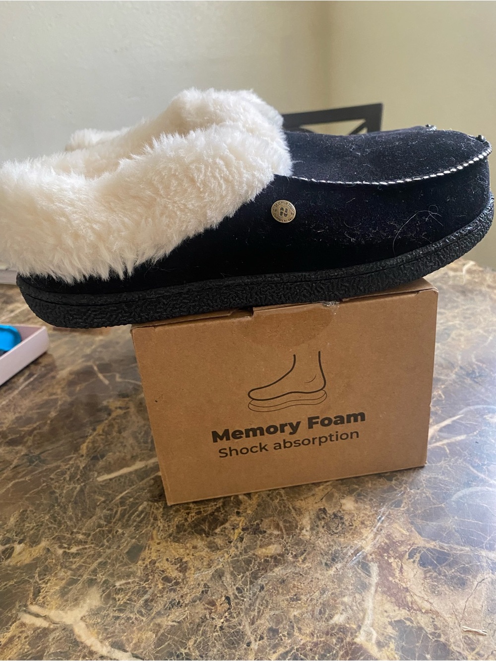 HomeTop Women's Black Comfy Moccasin Style Memory Foam Slip on Slippers Soft